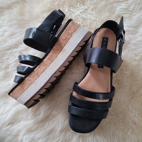 Zara Shoes - Zara Cork Wedge Platform Sandals SZ 6.5 Black